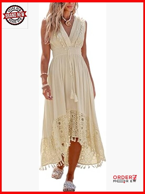 Dresses & Skirts - V-Neck Sleeveless Maxi Dress with Lace Tassel Smocked Waist
